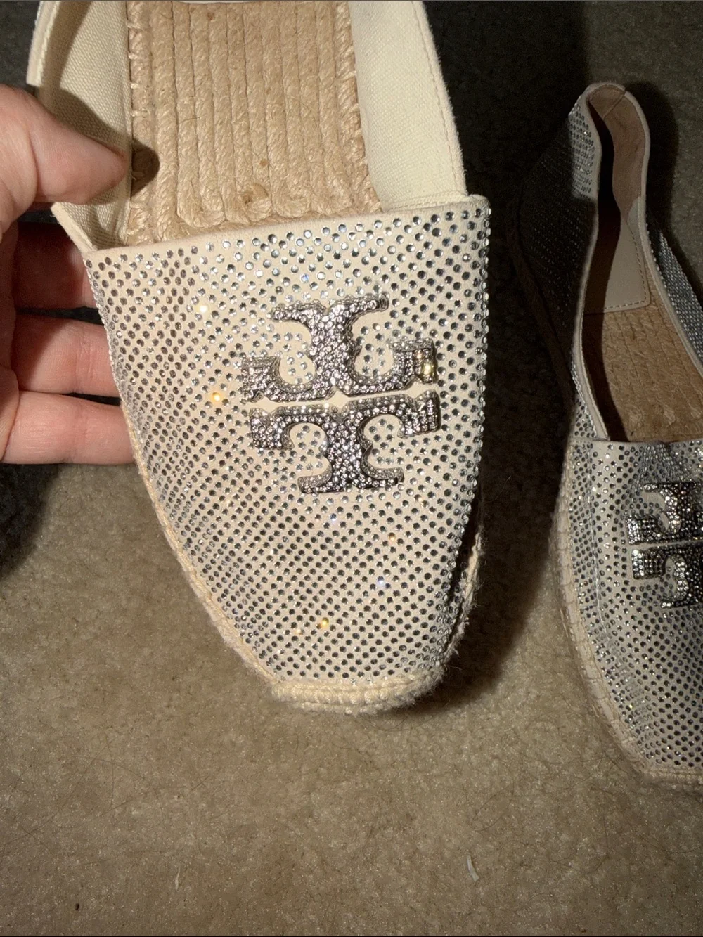 Tory Burch Everly Suede Espadrille Cream Suede w/Silver Sequins size 9 worn 1x